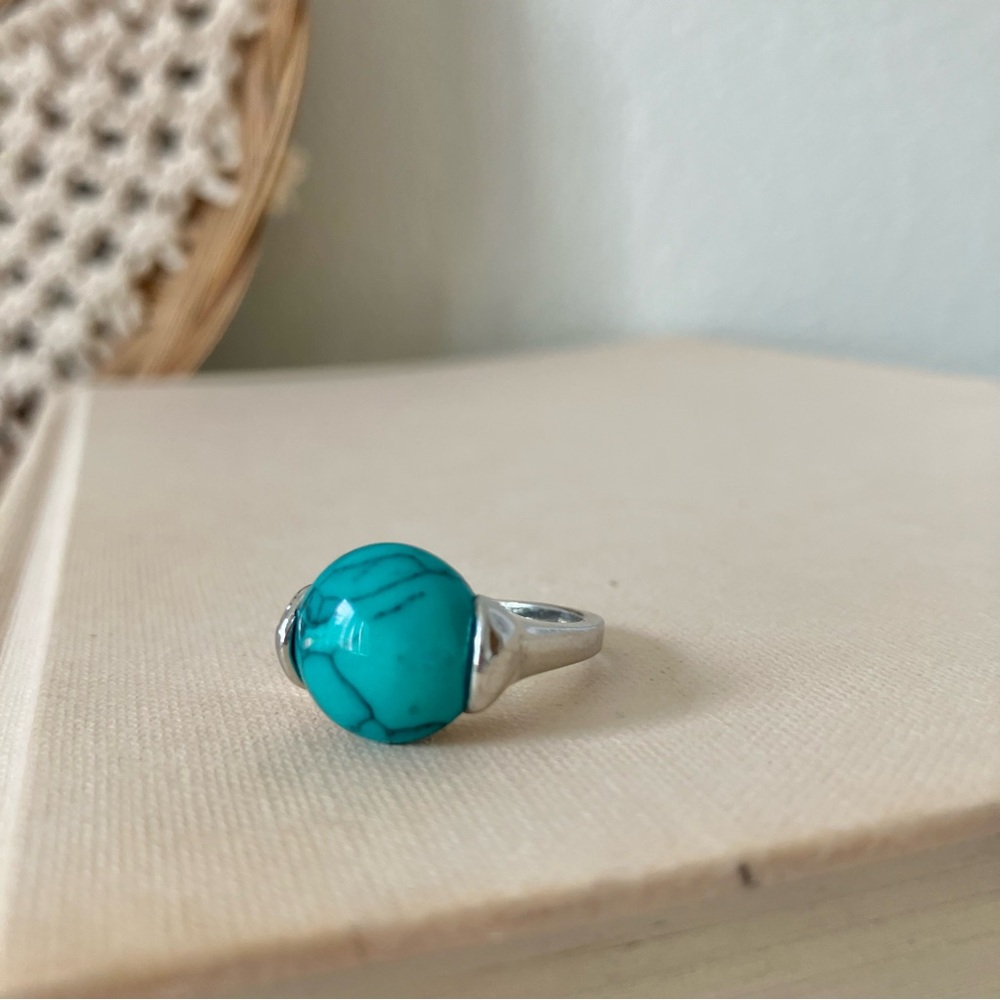 Boutique “Norma” Southwestern Blue Turquoise Silver Ring 6.5 Cowgirl Maximalist